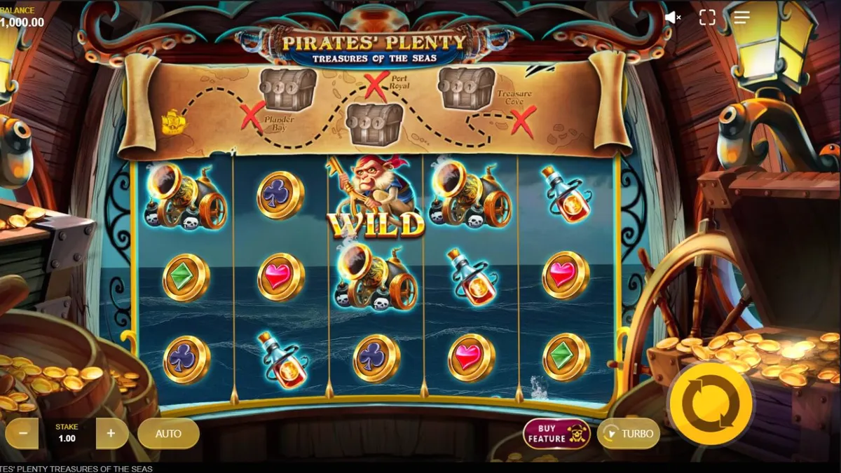 Tampilan visual slot Pirates’ Plenty: Treasures of the Seas dengan tema bajak laut